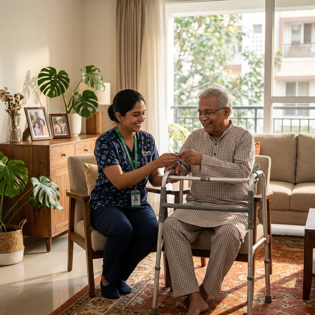 Caregiver assisting elderly patient at home in Bangalore